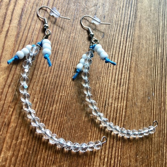 *  Ladies Long Clear Beaded Dangle Earrings,  Handmade - Picture 1 of 5